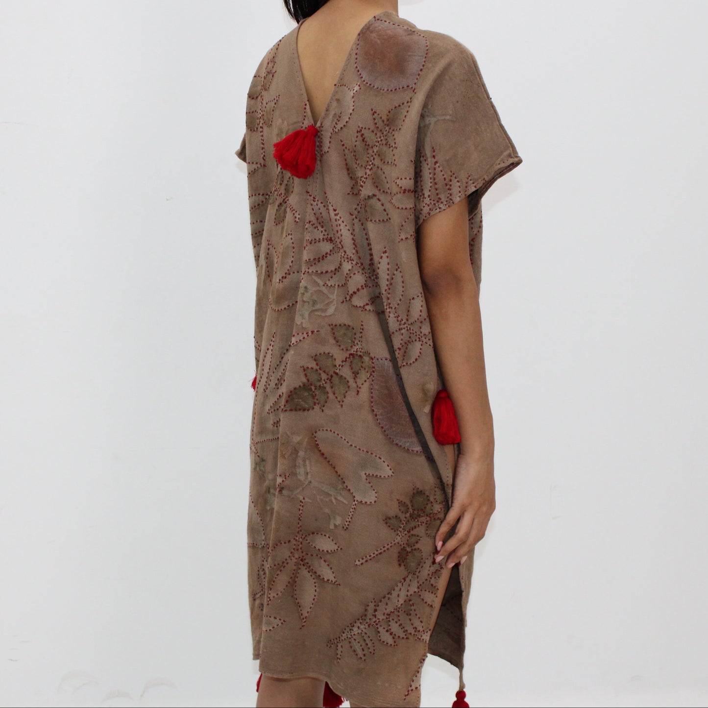 Red Tassel Botanical Dress β Eco-Printed Cotton