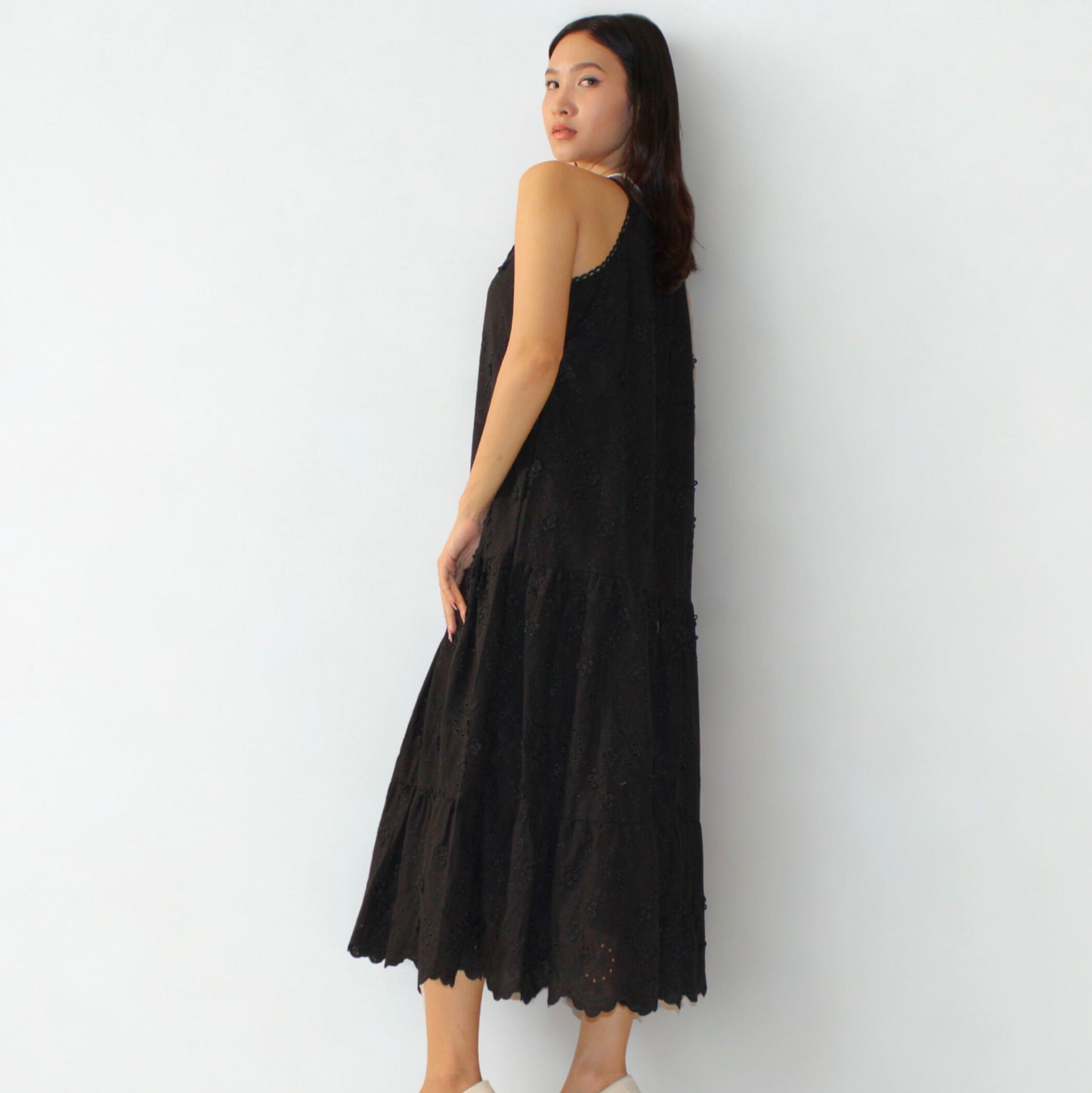 Black Cotton Embroidered Midi Dress