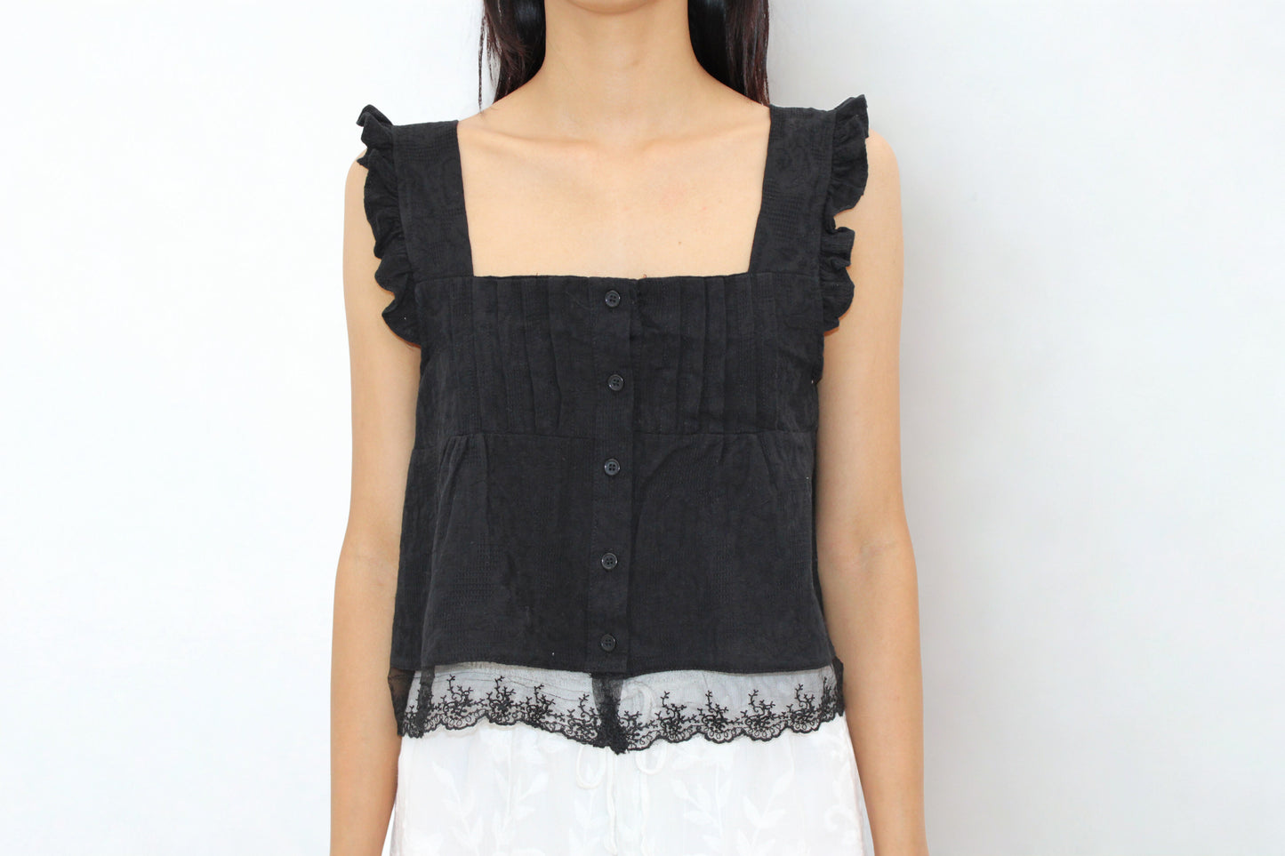 Noira – Black Ruffle Strap Blouse with Lace Hem