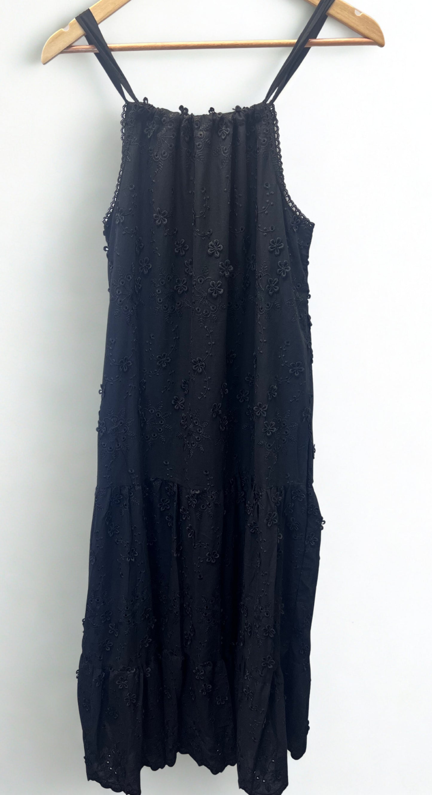 Black Cotton Embroidered Midi Dress