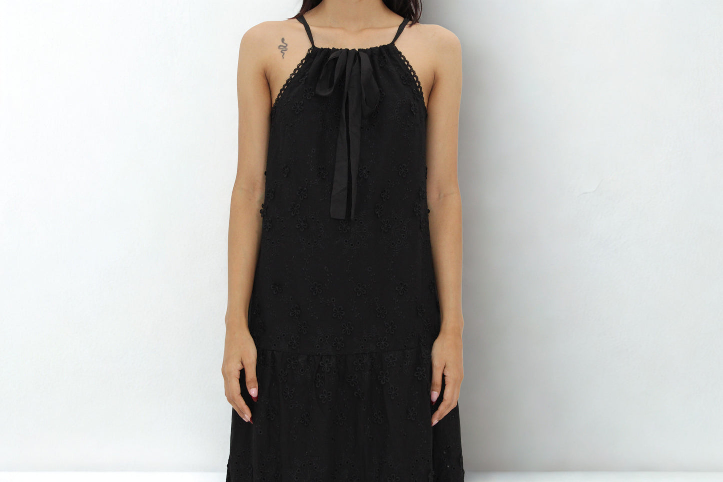 Black Cotton Embroidered Midi Dress