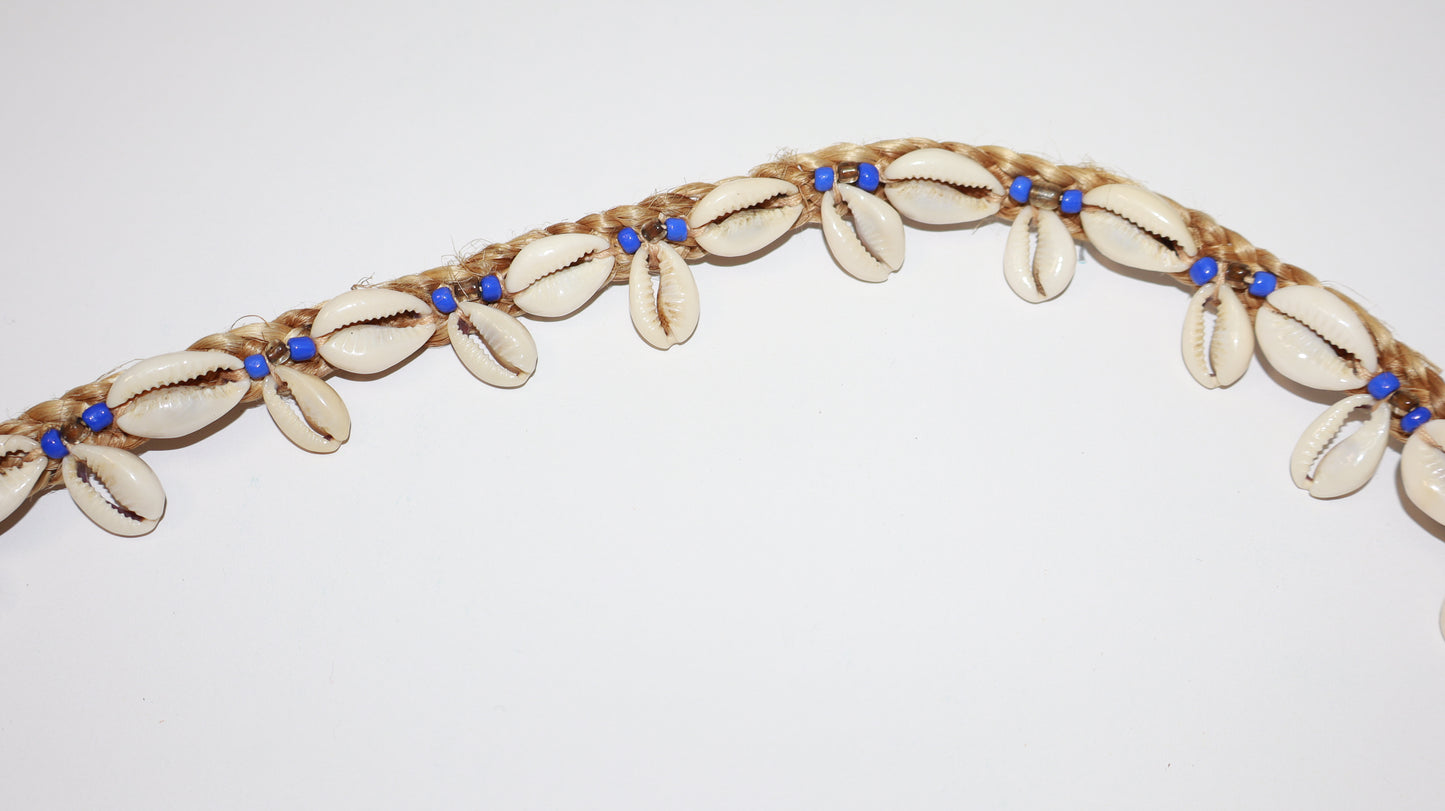 Braided Cowrie Shell Waist Belt – Handmade Natural Fiber with Blue Beads