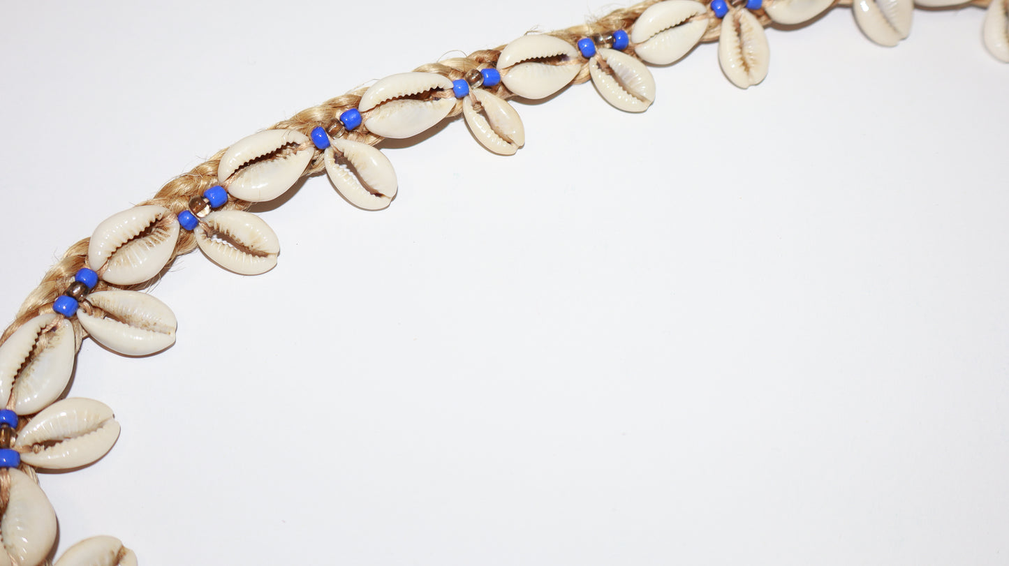 Braided Cowrie Shell Waist Belt – Handmade Natural Fiber with Blue Beads
