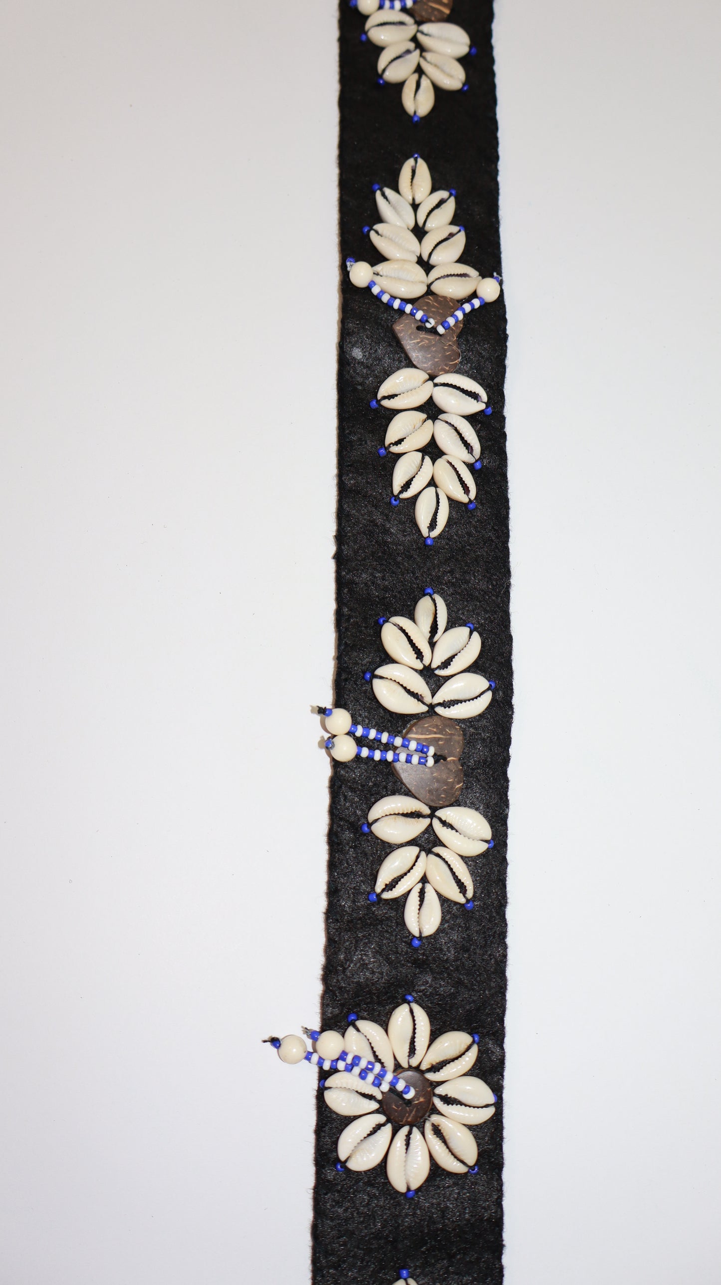 One-of-a-Kind Handmade Cowrie Shell Belt – Floral Design on Black Cotton