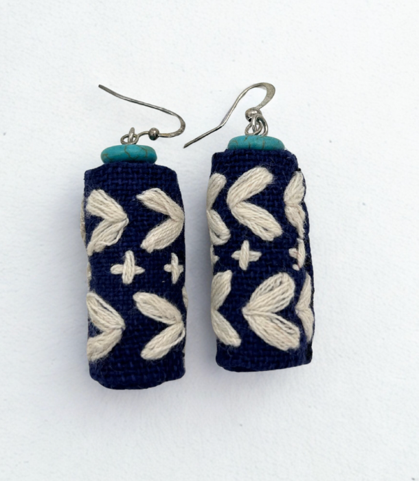 Handmade Embroidered Tube Earrings – Navy & Turquoise Accent
