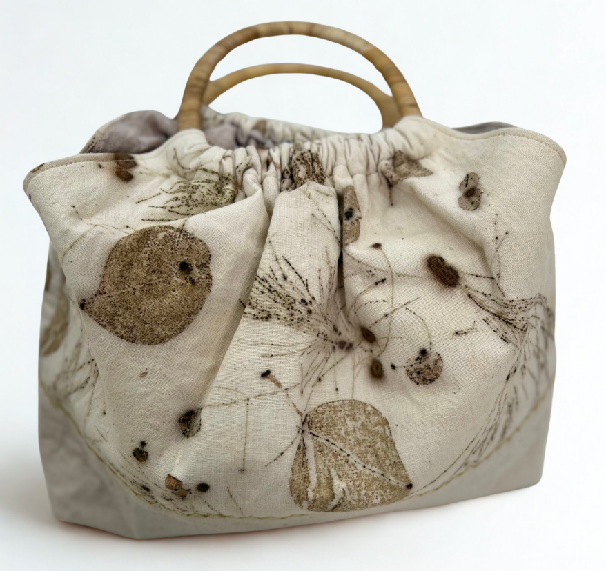 πΏ Eco-Print Linen Handbag with Wooden Handles β One-of-a-Kind
