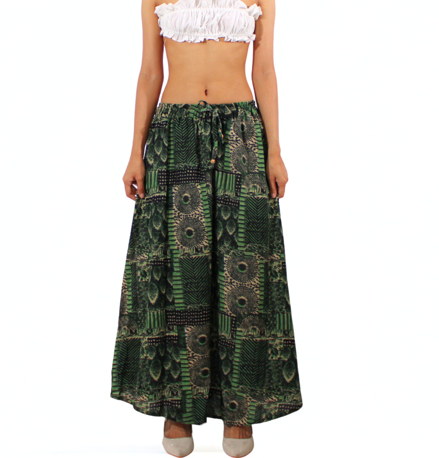 Peacock Patchwork Maxi Skirt – Green