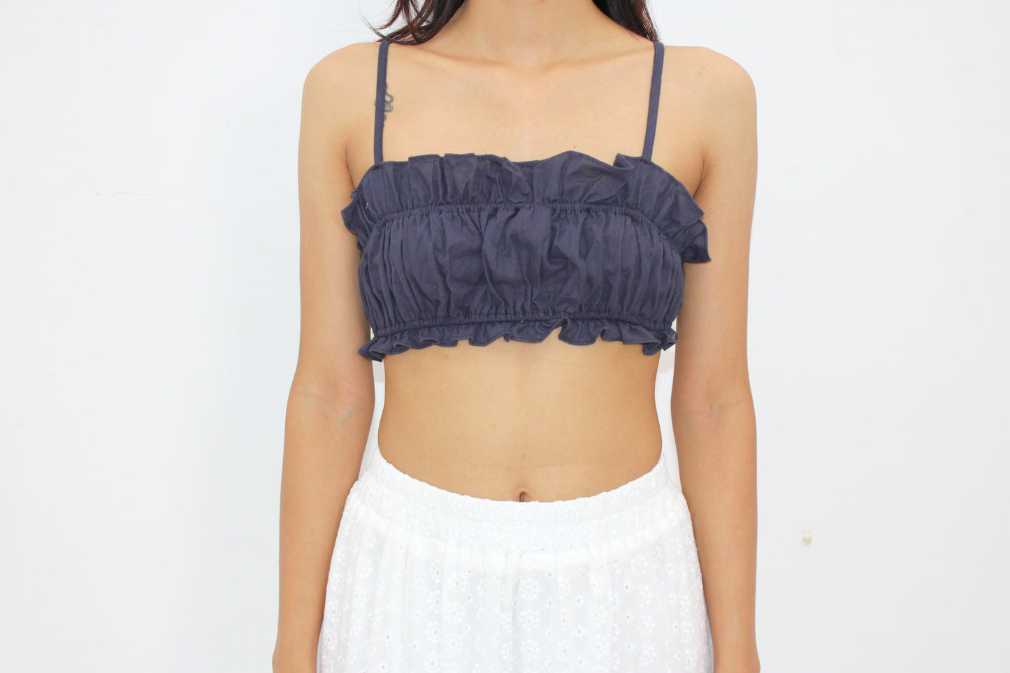 Amari Ruffle Bralette Top – Adjustable Tie-Back -Navy