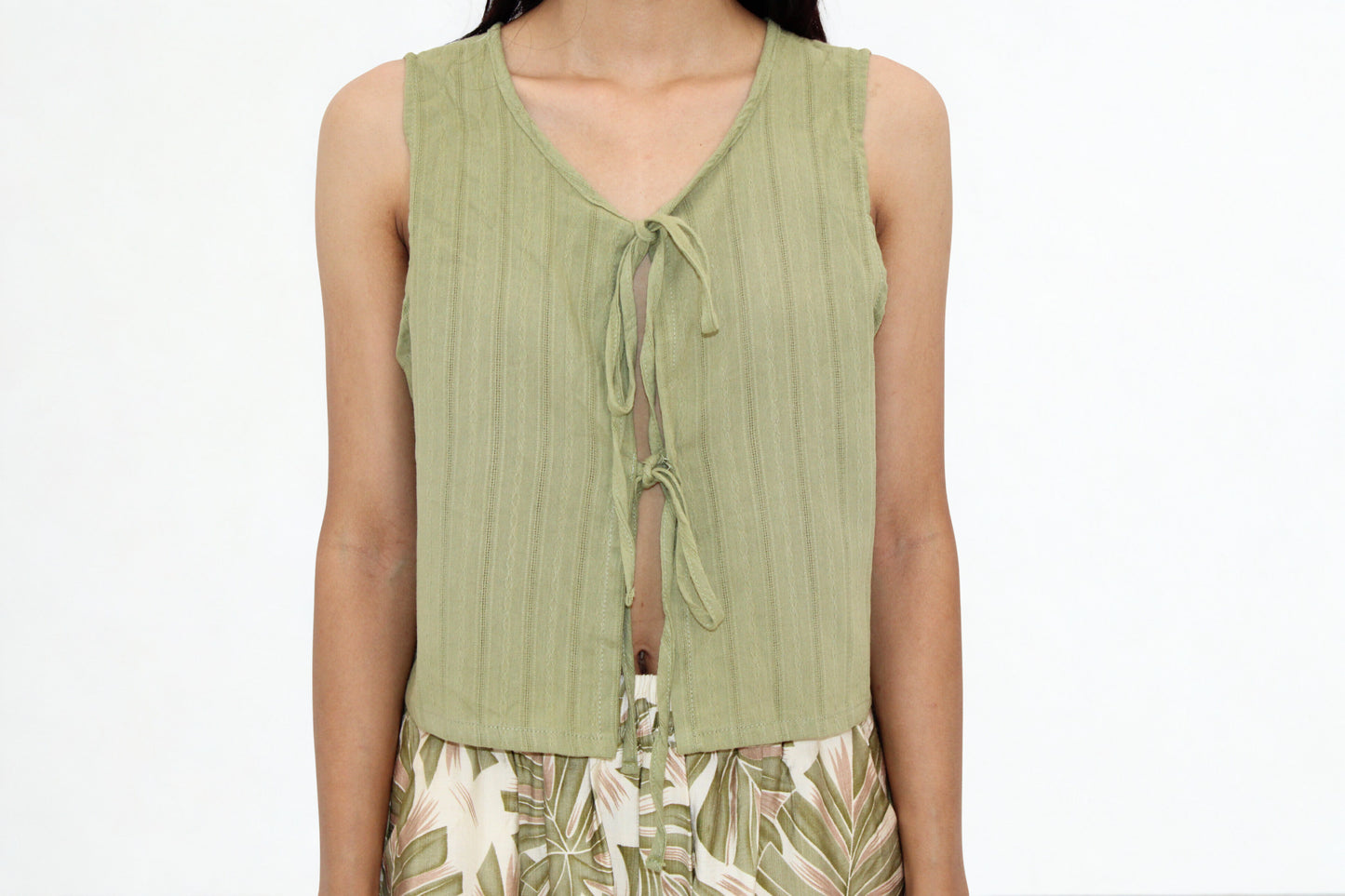 Olive Green Tie-Front Sleeveless Top – 100% Cotton