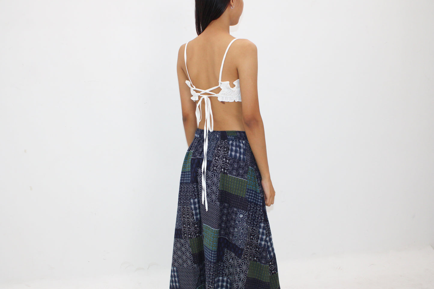 Chiang Mai Patchwork Cotton Skirt – Navy & Green Mix