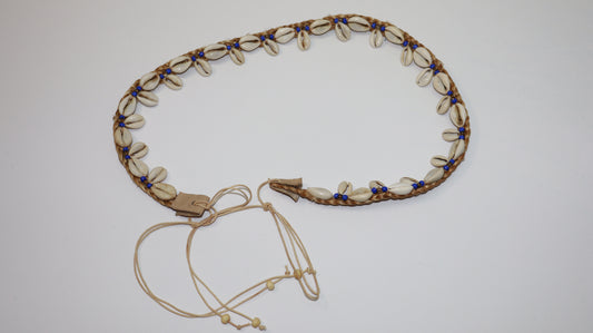 Braided Cowrie Shell Waist Belt – Handmade Natural Fiber with Blue Beads