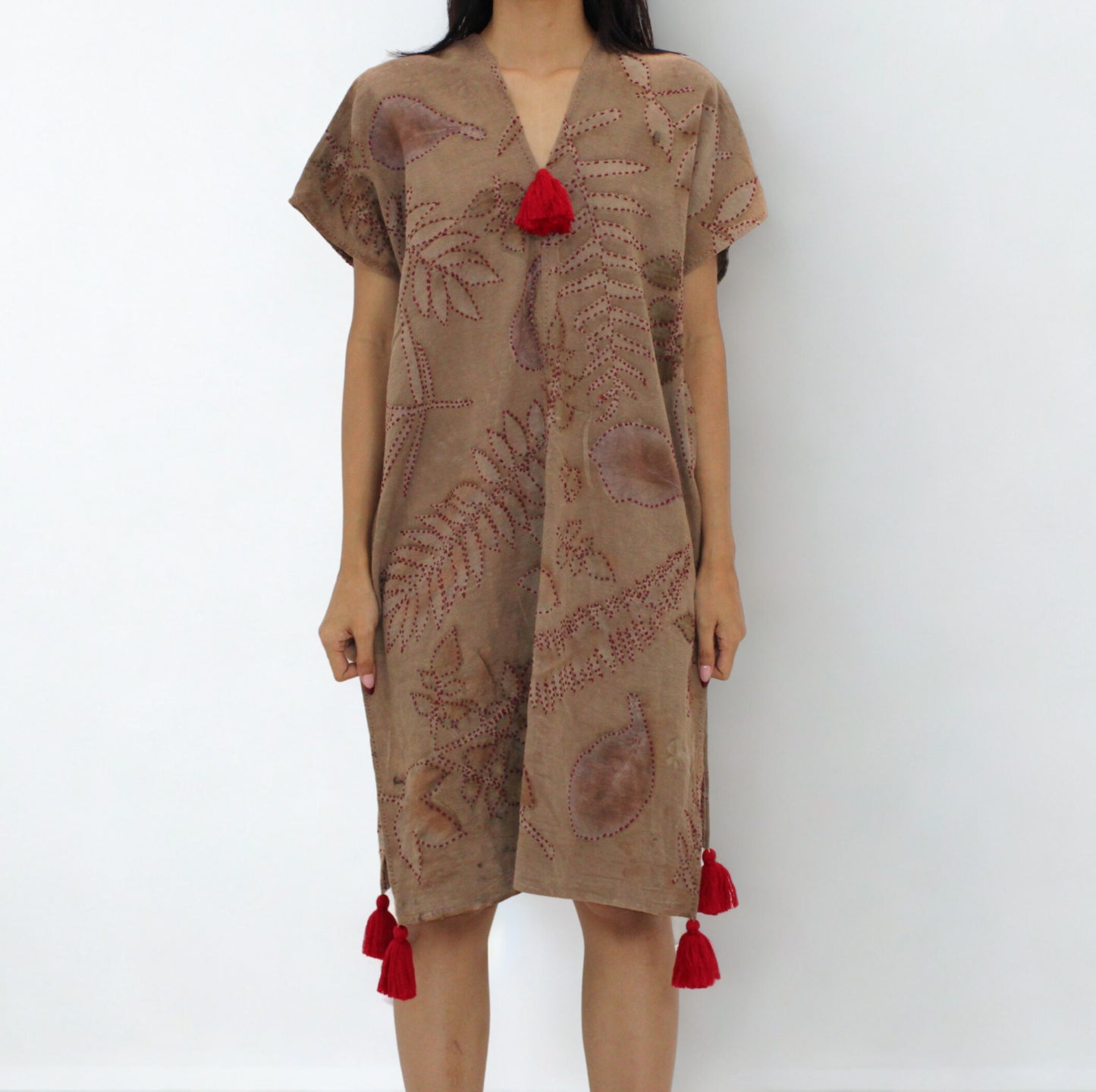 Red Tassel Botanical Dress – Eco-Printed Cotton