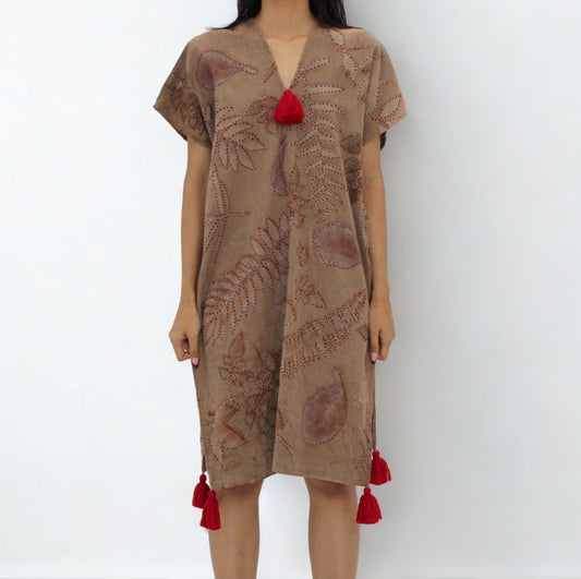 Red Tassel Botanical Dress – Eco-Printed Cotton