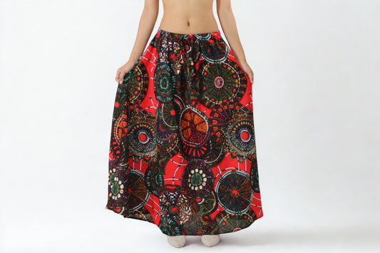 Cotton Maxi Skirt – Red Mandala Print