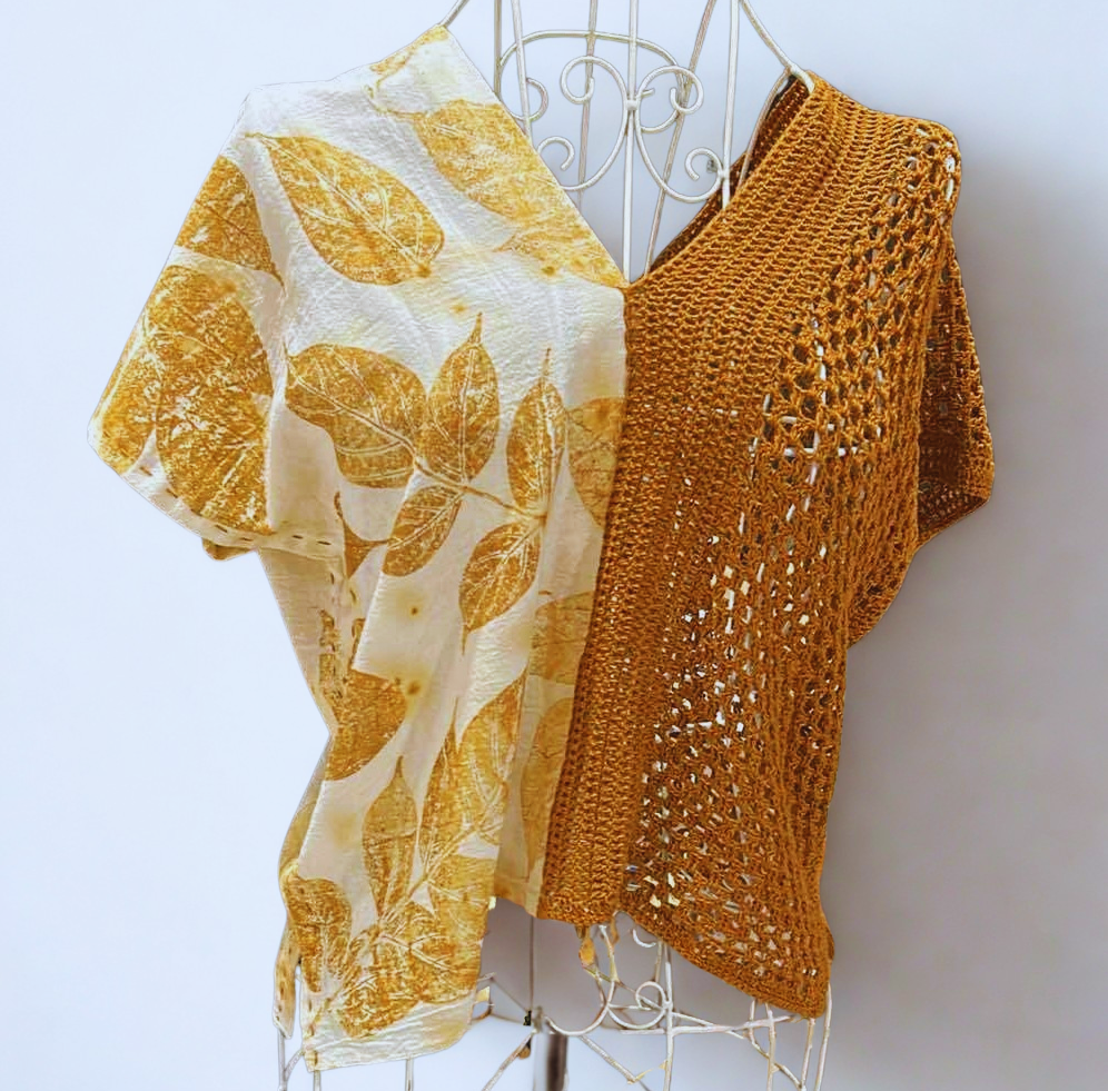 Golden Leaf & Crochet Patch Top – Handmade Eco Print
