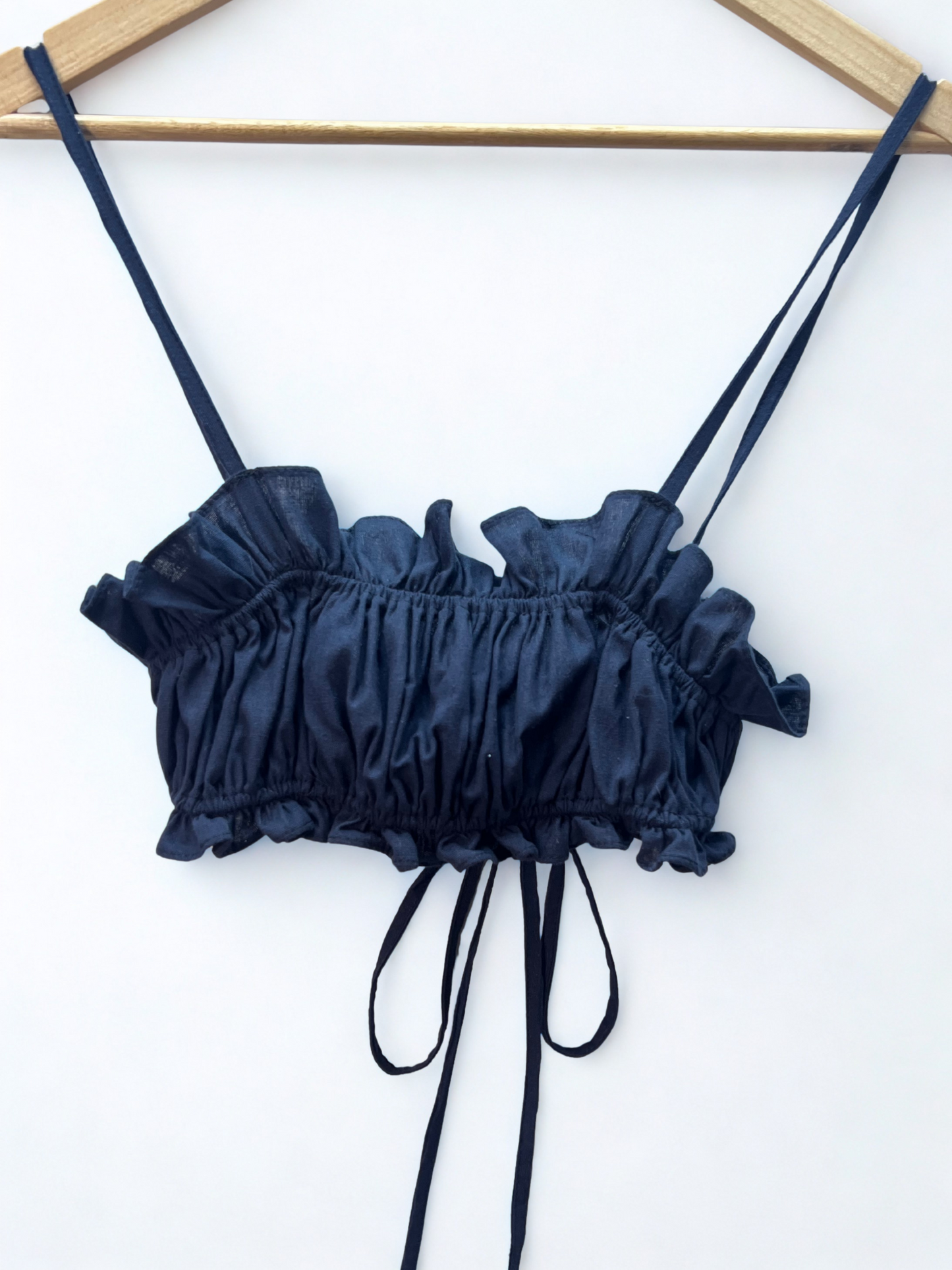 Amari Ruffle Bralette Top – Adjustable Tie-Back -Navy