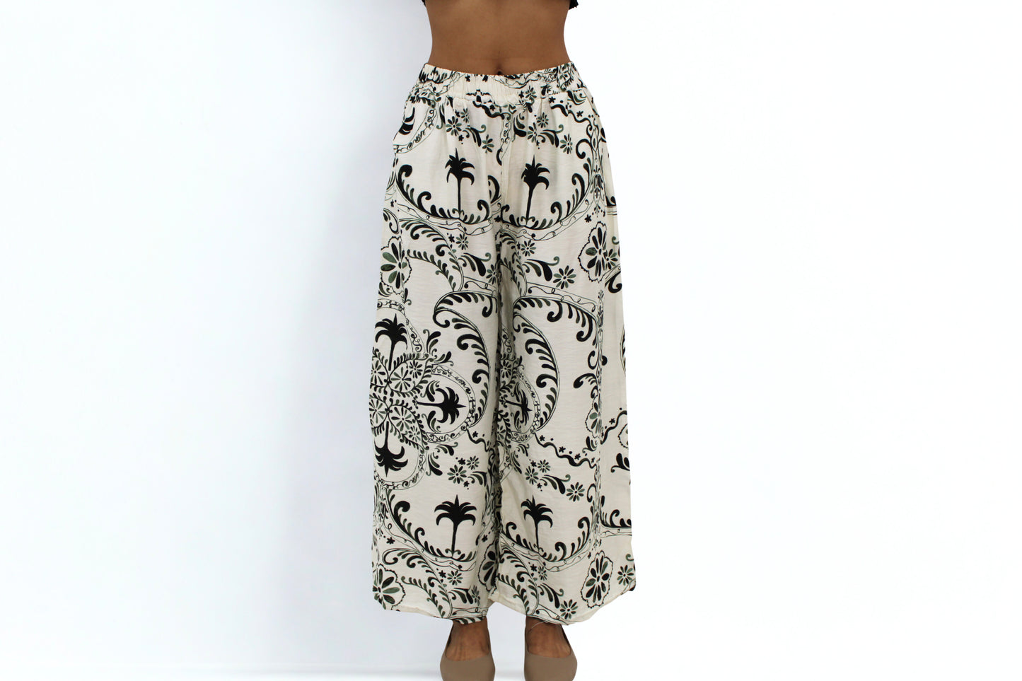 100% Cotton Wide-Leg Pants – Vintage Palm Print