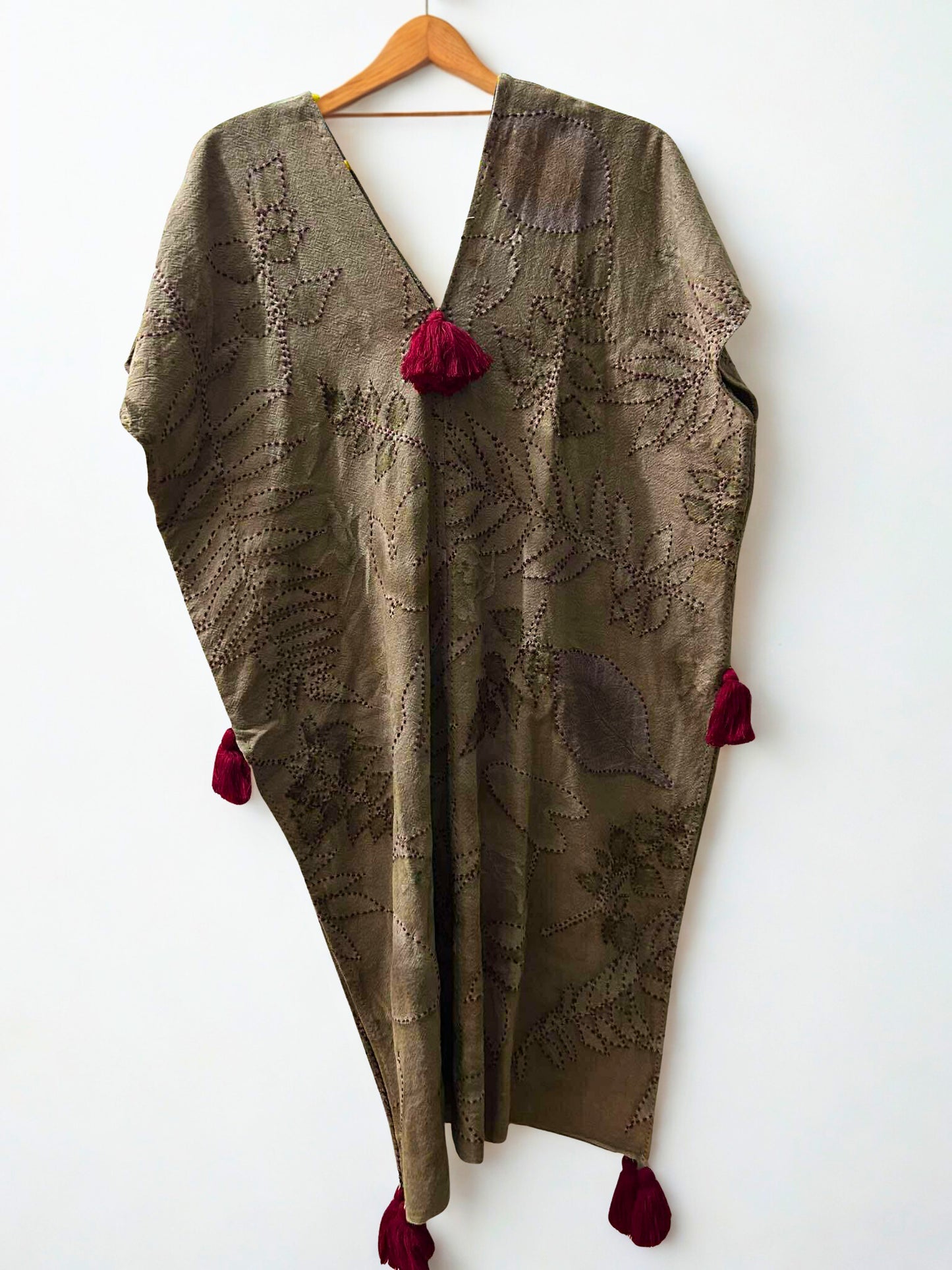 Red Tassel Botanical Dress – Eco-Printed Cotton