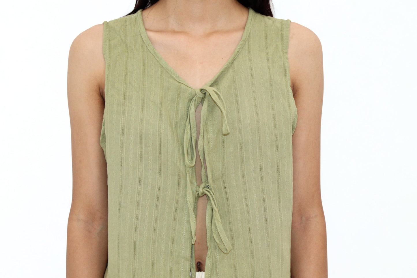 Olive Green Tie-Front Sleeveless Top – 100% Cotton