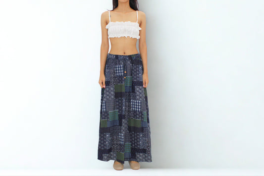 Chiang Mai Patchwork Cotton Skirt – Navy & Green Mix
