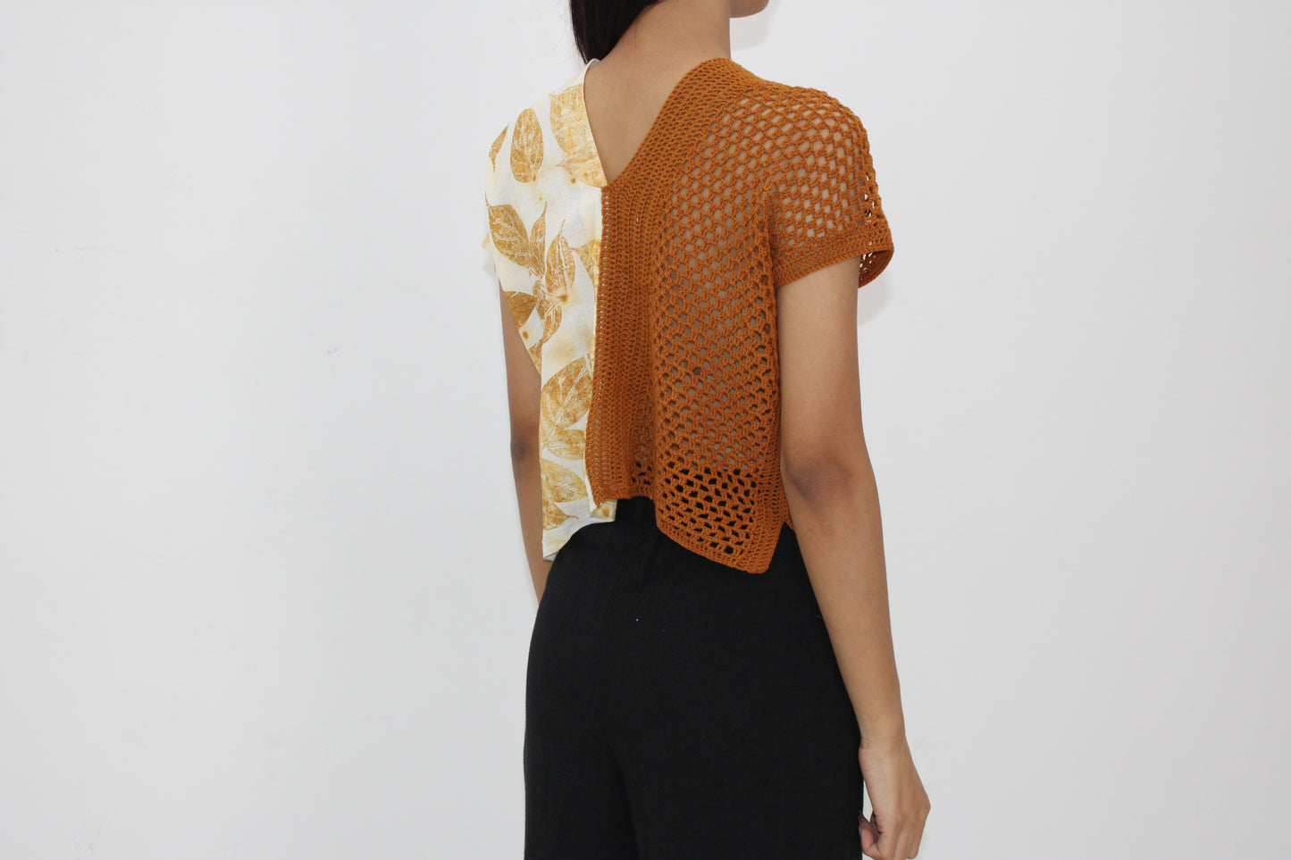Golden Leaf & Crochet Patch Top – Handmade Eco Print