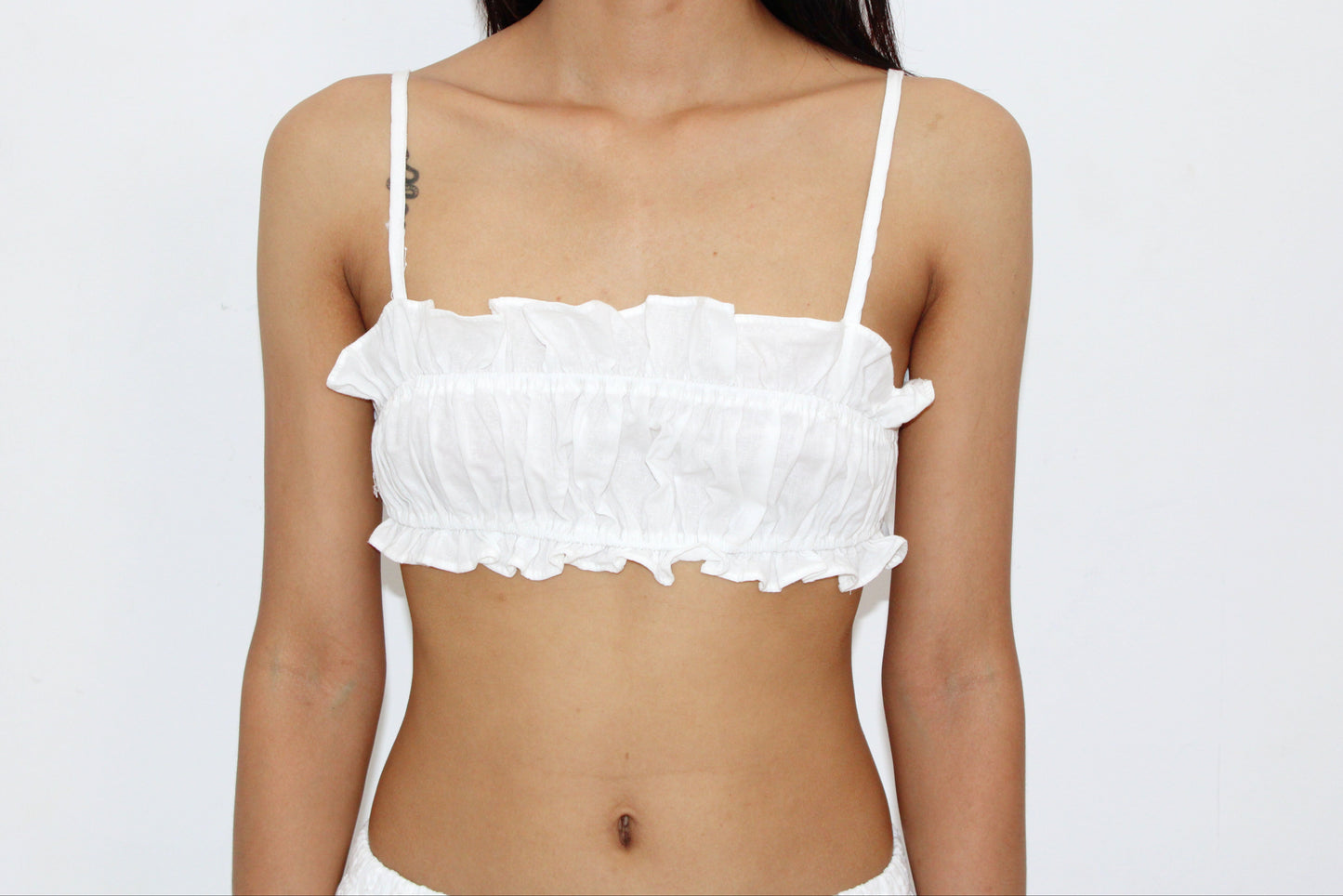 Amari Ruffle Bralette Top – Adjustable Tie-Back (White)