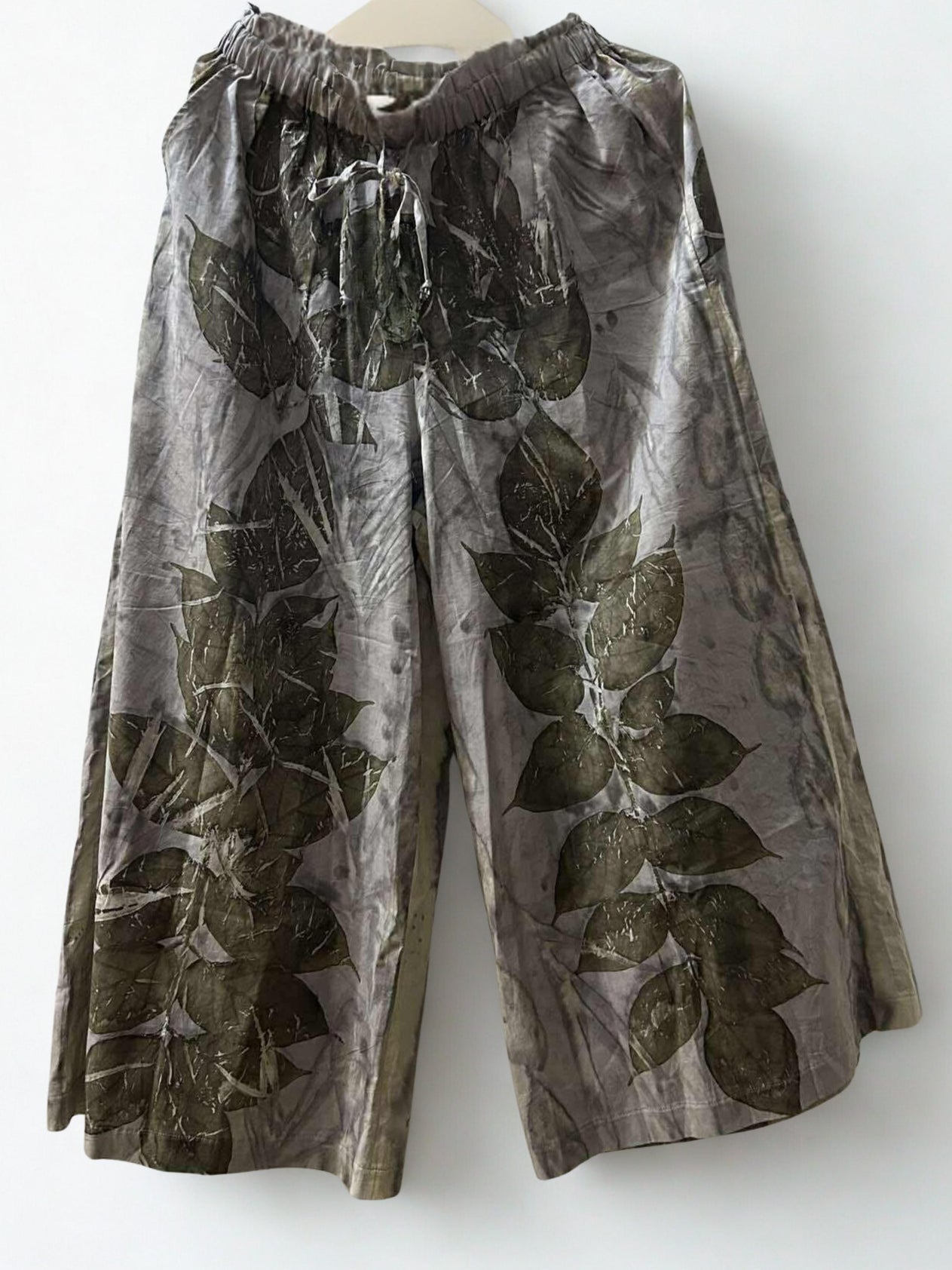 Eco-Printed Wide-Leg Pants – Olive Leaf on Gray