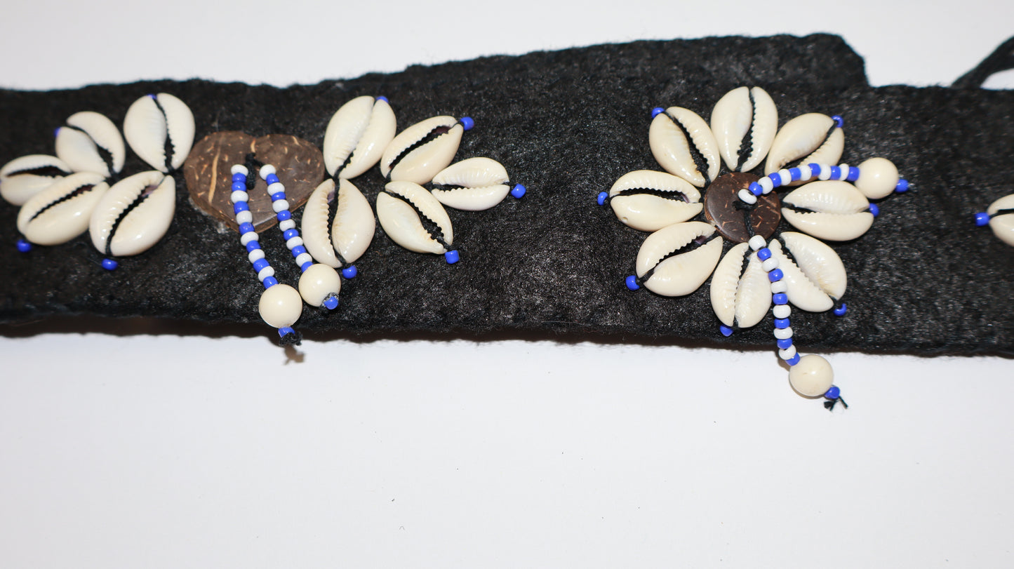 One-of-a-Kind Handmade Cowrie Shell Belt – Floral Design on Black Cotton