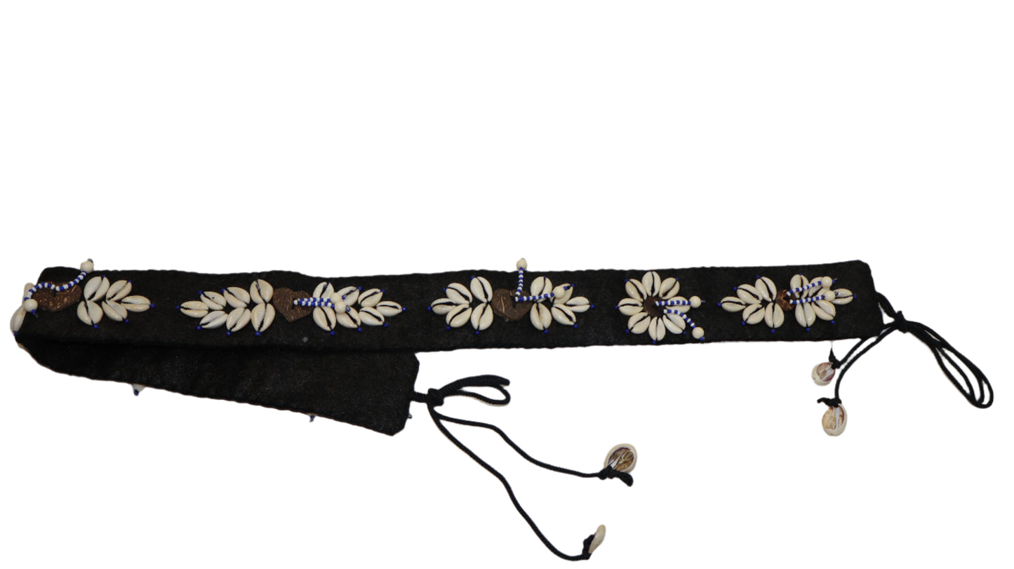 One-of-a-Kind Handmade Cowrie Shell Belt – Floral Design on Black Cotton