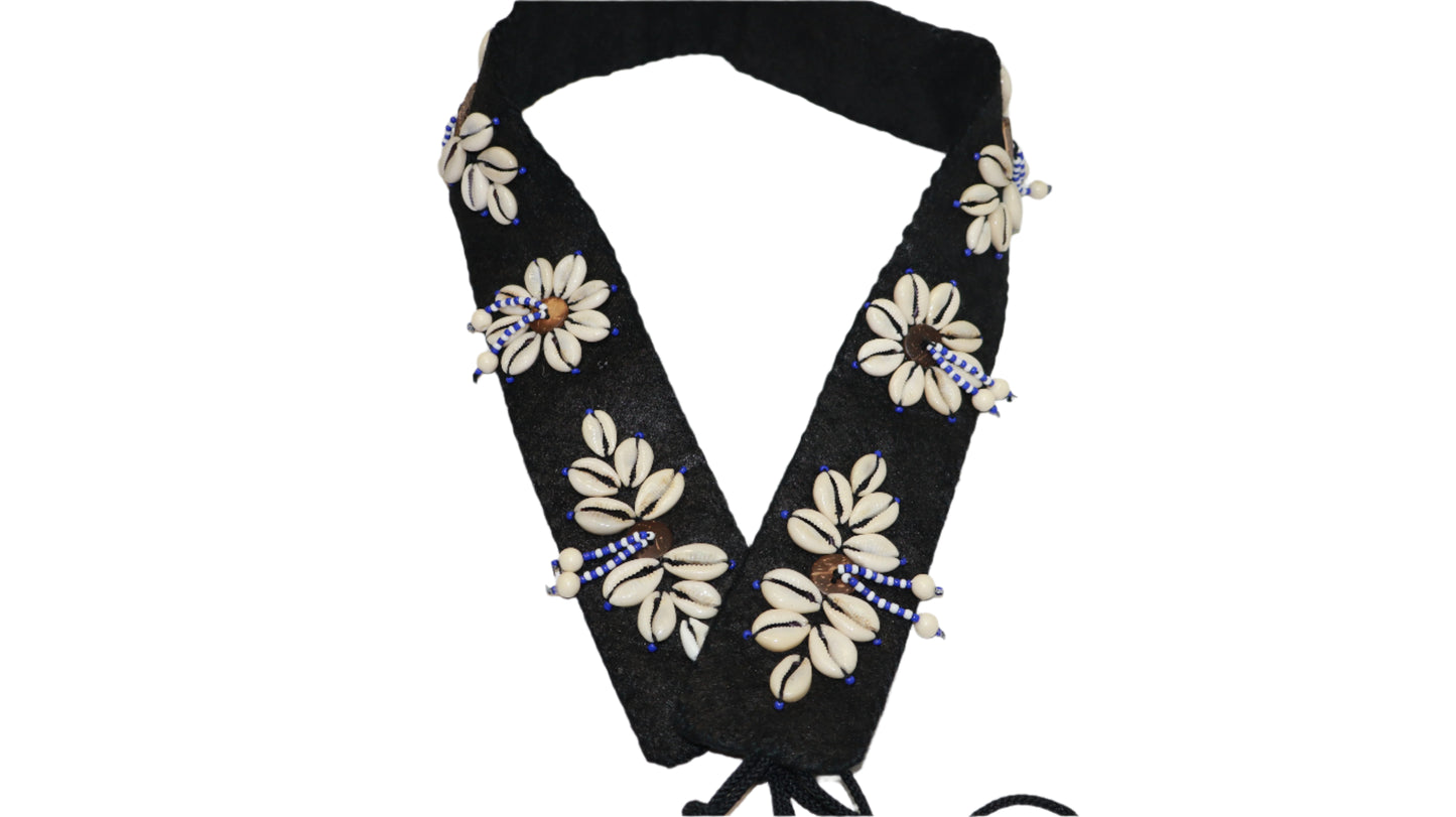 One-of-a-Kind Handmade Cowrie Shell Belt – Floral Design on Black Cotton