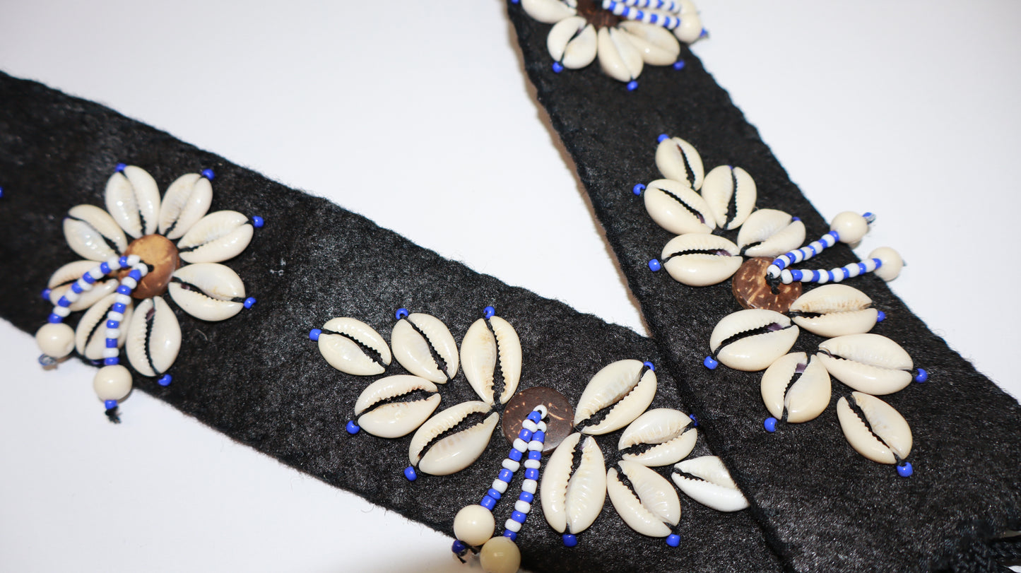 One-of-a-Kind Handmade Cowrie Shell Belt – Floral Design on Black Cotton