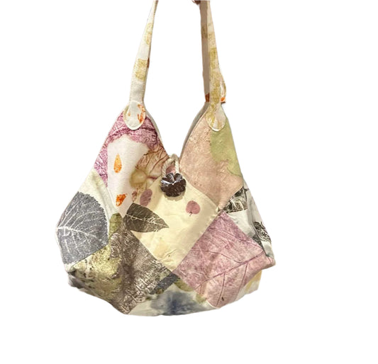 🌿 Eco-Print Patchwork Shoulder Bag – One-of-a-Kind Handmade Piece