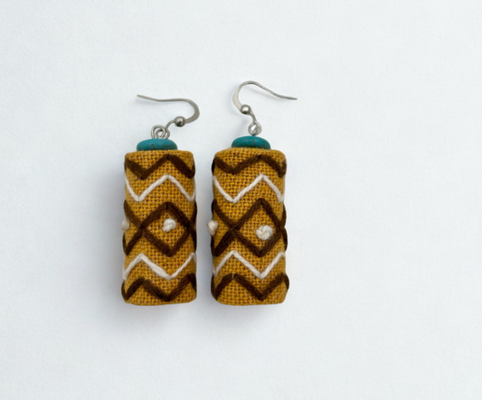 Handmade Tribal Fabric Tube Earrings – Mustard & Turquoise