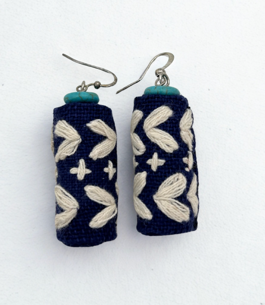 Handmade Embroidered Tube Earrings – Navy & Turquoise Accent