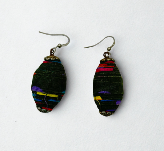 Handmade Multicolor Fabric-Wrapped Oval Earrings