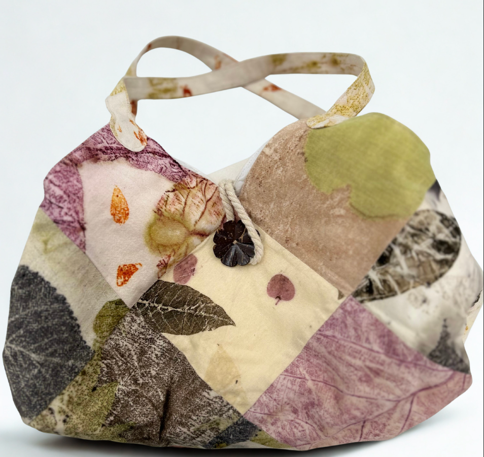 🌿 Eco-Print Patchwork Shoulder Bag – One-of-a-Kind Handmade Piece