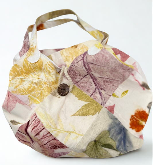 🌿 Eco-Print Patchwork Shoulder Bag – One-of-a-Kind Handmade Piece