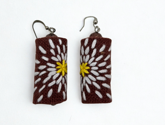 Handmade Embroidered Flower Earrings – Brown & Sunburst Design