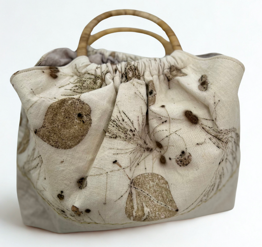🌿 Eco-Print Linen Handbag with Wooden Handles – One-of-a-Kind