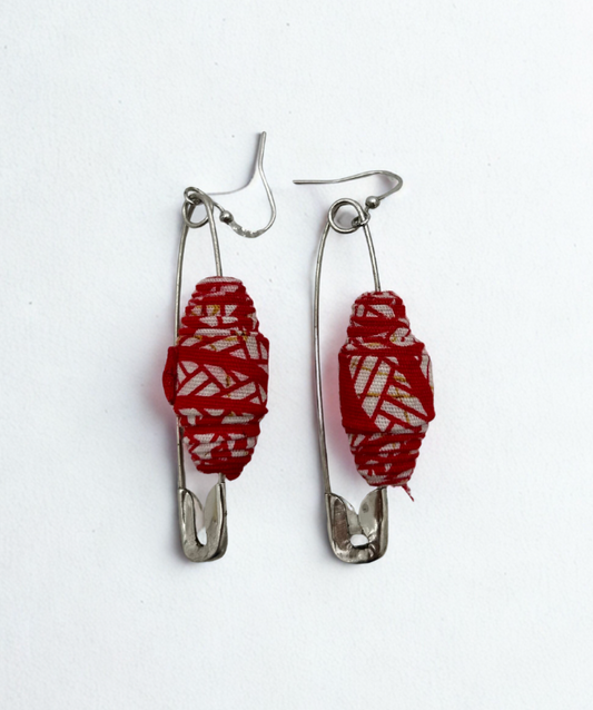 Red Fabric-Wrapped Safety Pin Earrings – Handmade & Bold