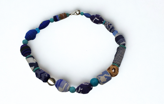 Indigo Dreams Fabric Bead Necklace – Handmade & One-of-a-Kind
