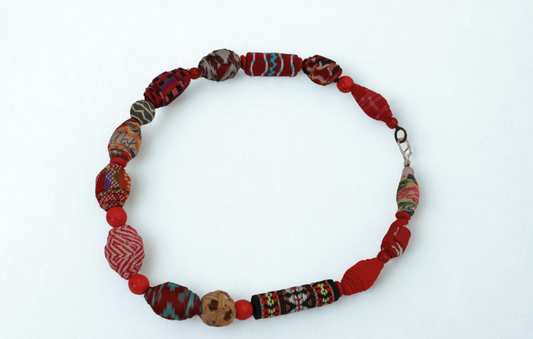 Crimson Spirit Bead Necklace – Handmade with Upcycled Ethnic Fabrics