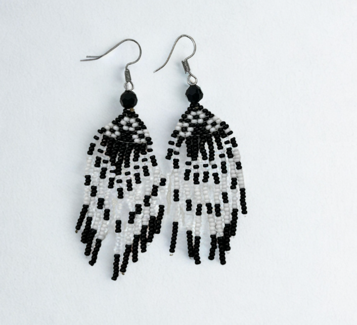 Hand-Beaded Monochrome Fringe Earrings
