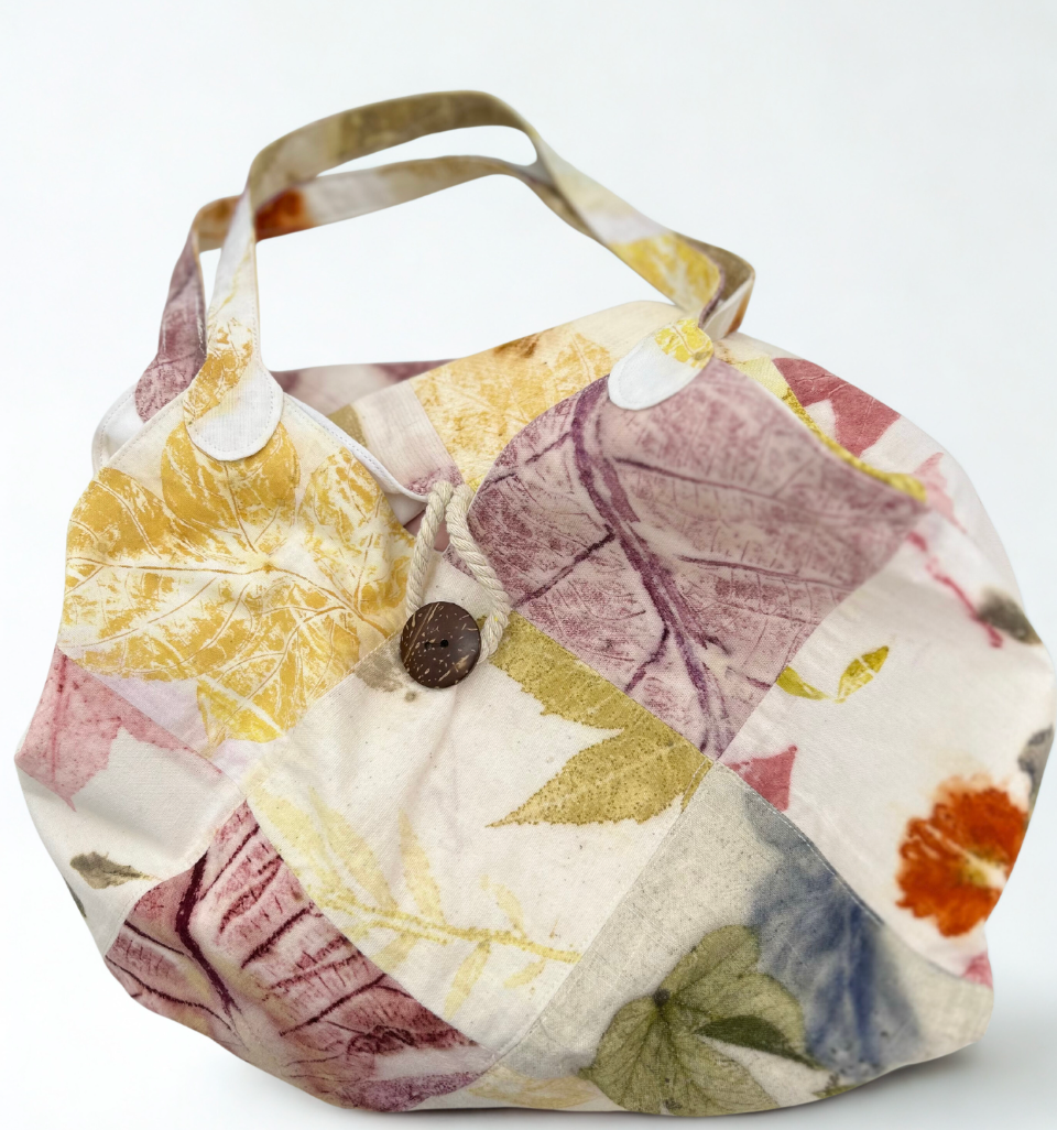 🌿 Eco-Print Patchwork Shoulder Bag – One-of-a-Kind Handmade Piece