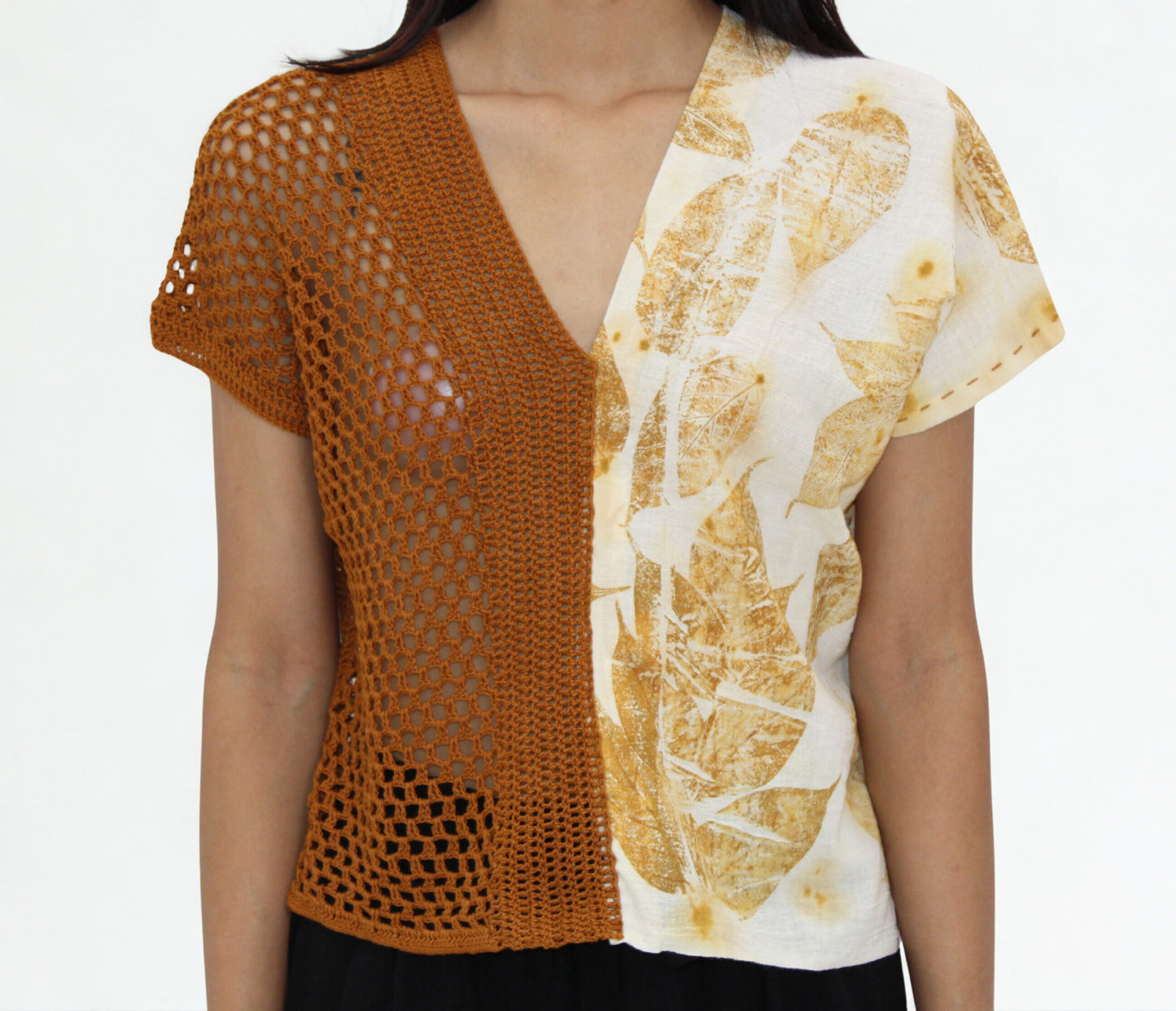 Golden Leaf & Crochet Patch Top – Handmade Eco Print
