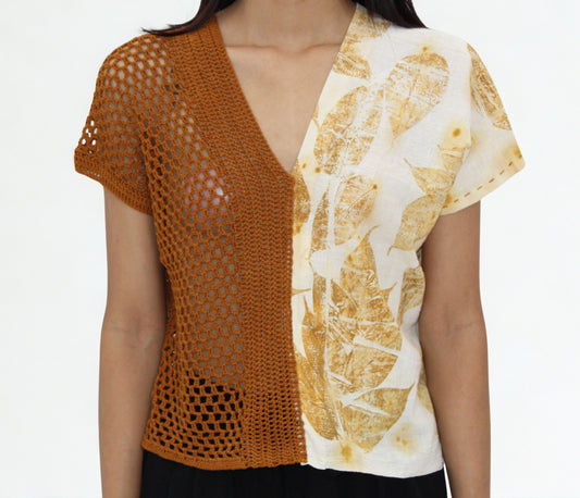 Golden Leaf & Crochet Patch Top – Handmade Eco Print