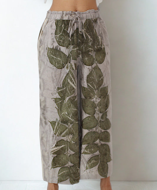 Eco-Printed Wide-Leg Pants – Olive Leaf on Gray