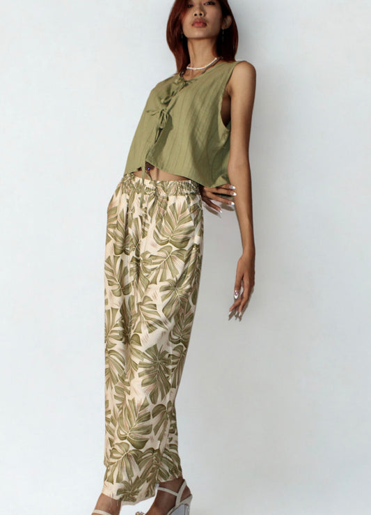 100% Cotton Tropical Leaf Wide-Leg Pants – Green & Beige