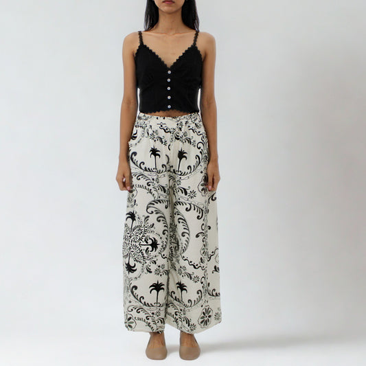 100% Cotton Wide-Leg Pants – Vintage Palm Print