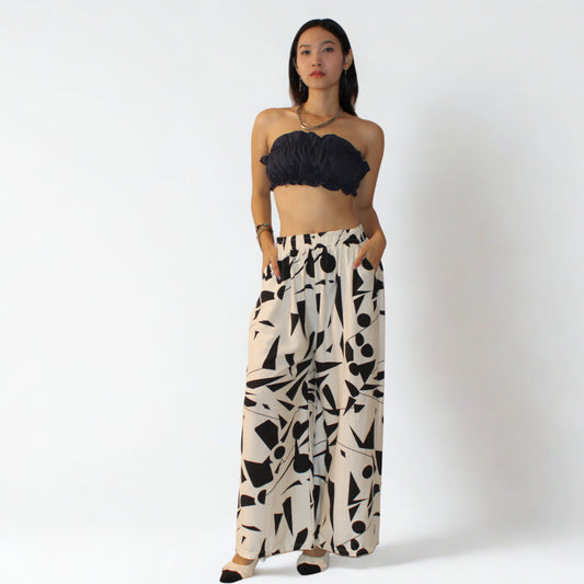 100% Cotton Abstract Art Wide-Leg Pants – Black & White